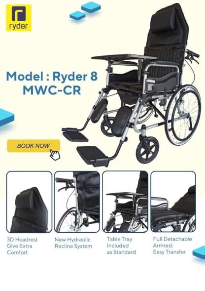 KARMA RYDER 8 MWC-CR RECLINING COMMODE WHEELCHAIR WITH TABLE FOOD TRAY - Image 3